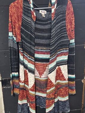 Mudd Open-Front Hooded Cardigan in Rust, Teal, Gray & Cream